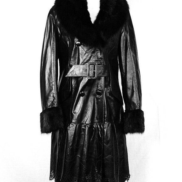 100% Italian Leather - Stock #94 COAT - Leather With Black Fox Fur Collar NEW